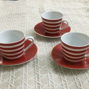 Set of 3 Crate & Barrel red and white striped expresso or child's cup and saucer